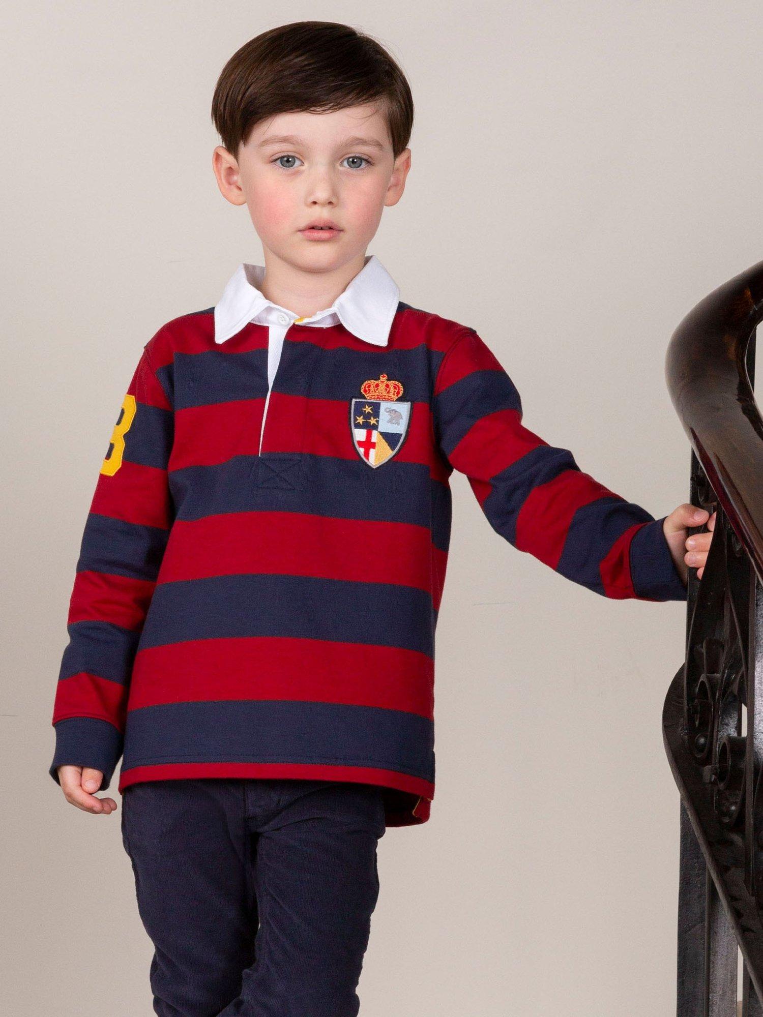 Product image 4 of 4, which shows Trotters Kids' Cotton Stripe Rugby Shirt, Navy/Red, 2-3 years