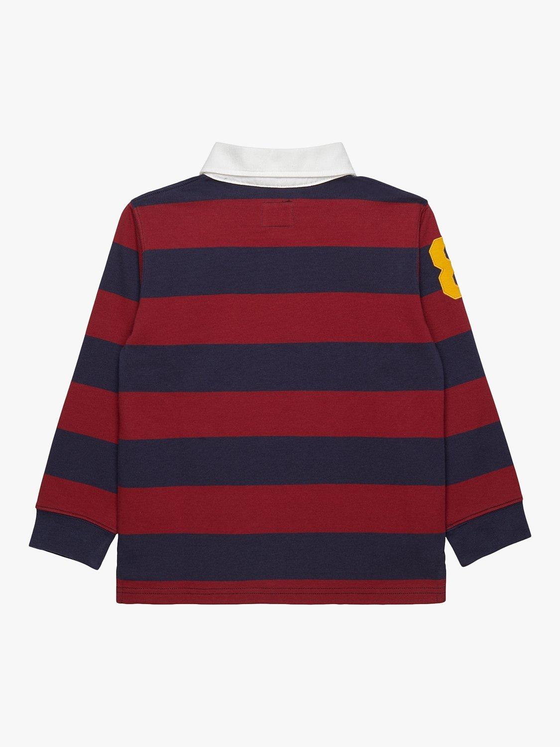 Product image 2 of 4, which shows Trotters Kids' Cotton Stripe Rugby Shirt, Navy/Red, 2-3 years