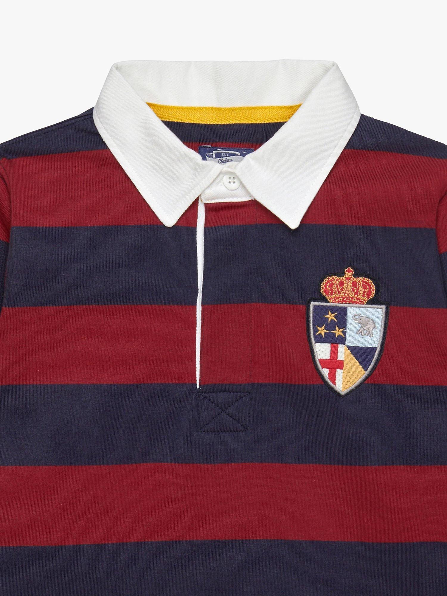 Product image 3 of 4, which shows Trotters Kids' Cotton Stripe Rugby Shirt, Navy/Red, 2-3 years