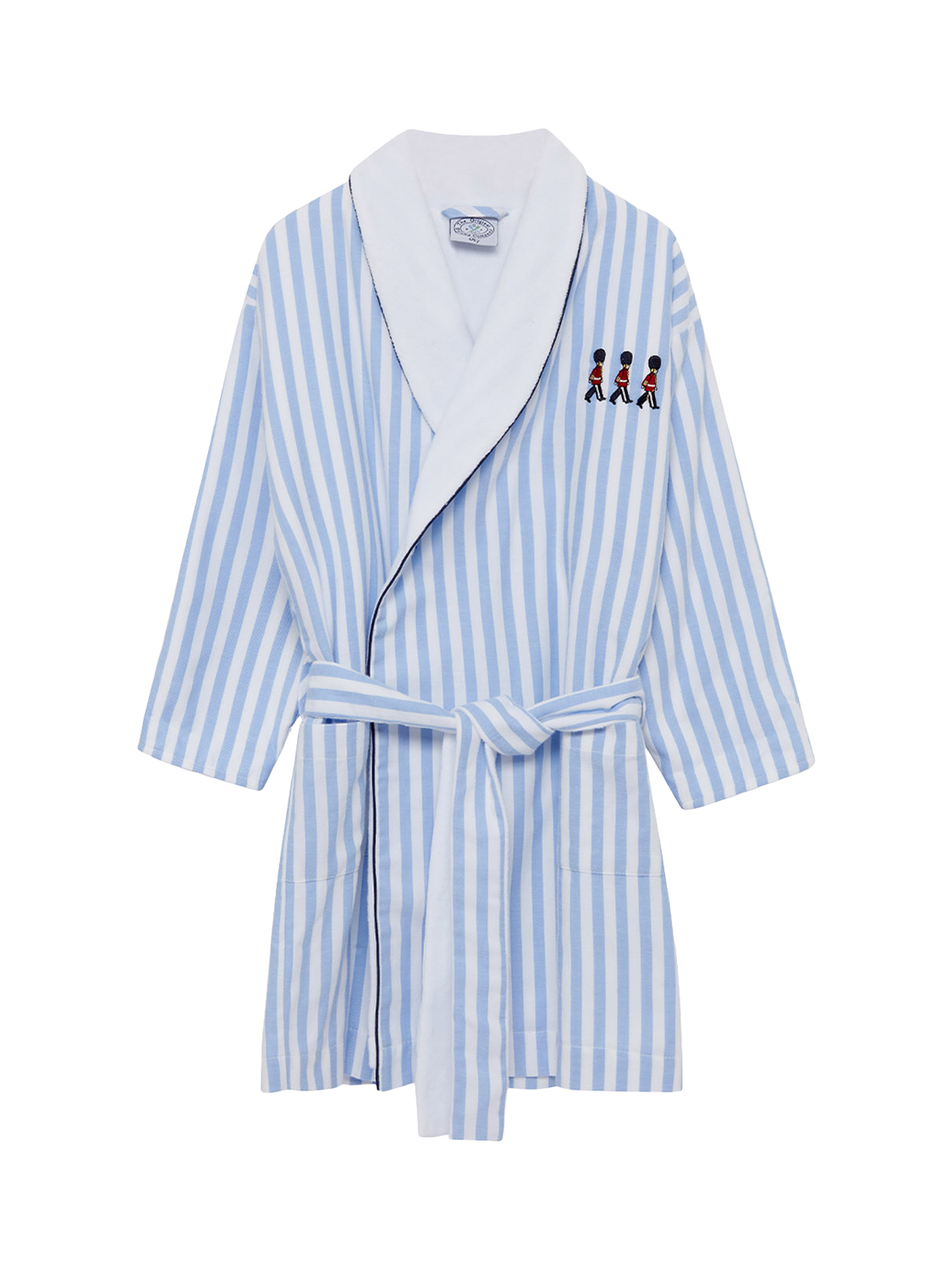 Product image 1 of 1, which shows Trotters Kids' Felix Brushed Cotton Striped Bath Robe, Blue/White, 12-24 months