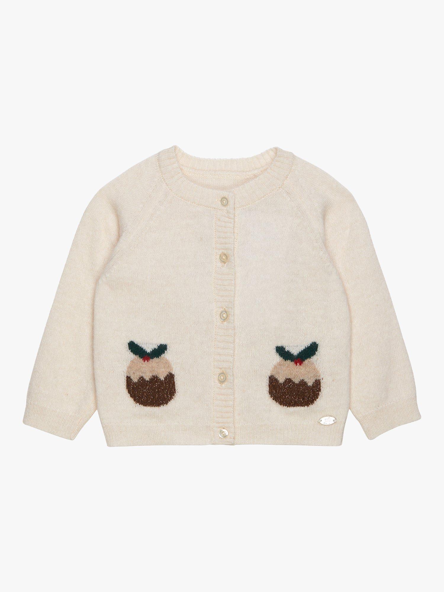 Product image 1 of 3, which shows Trotters Baby Wool Blend Christmas Pudding Cardigan, Winter White, Newborn