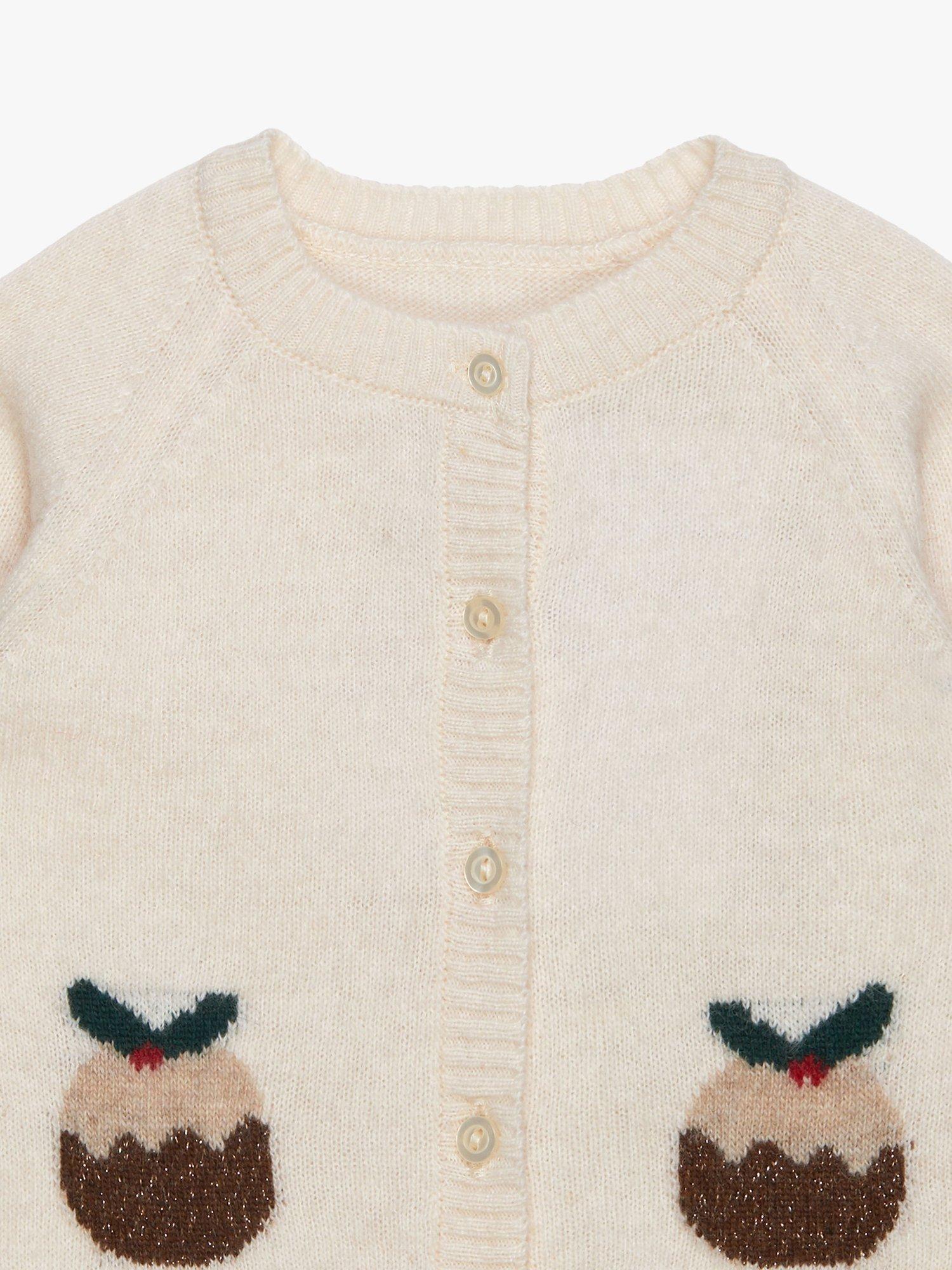 Product image 3 of 3, which shows Trotters Baby Wool Blend Christmas Pudding Cardigan, Winter White, Newborn