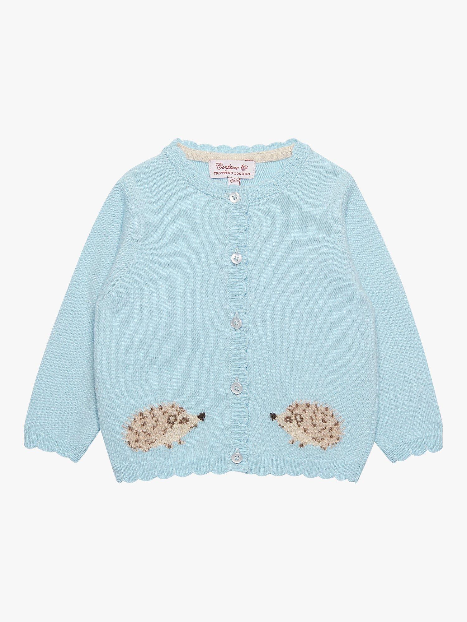 Product image 1 of 4, which shows Trotters Baby Hedgehog Cashmere Blend Cardigan, Sea Blue, 3-6 months