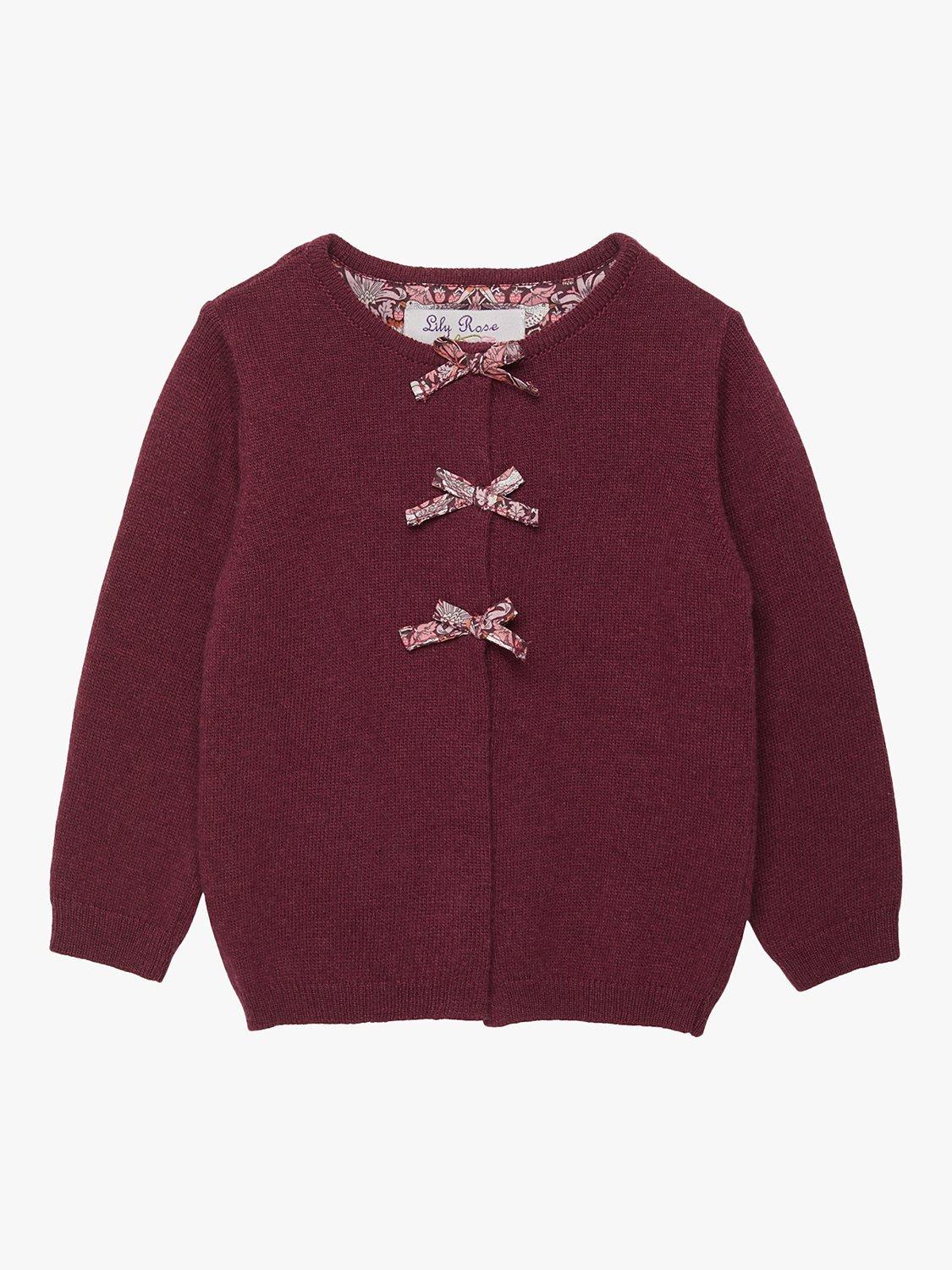Product image 1 of 6, which shows Trotters Baby Strawberry Thief Bow Cardigan, Plumstrawberry, 3-6 months