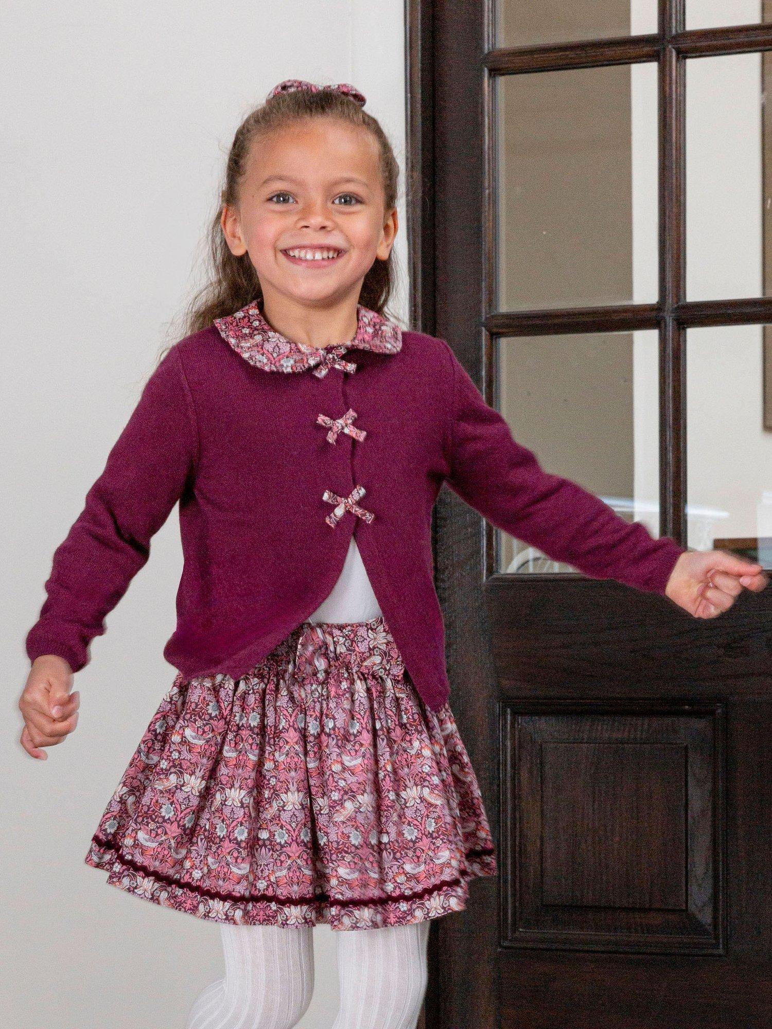 Product image 6 of 6, which shows Trotters Baby Strawberry Thief Bow Cardigan, Plumstrawberry, 3-6 months