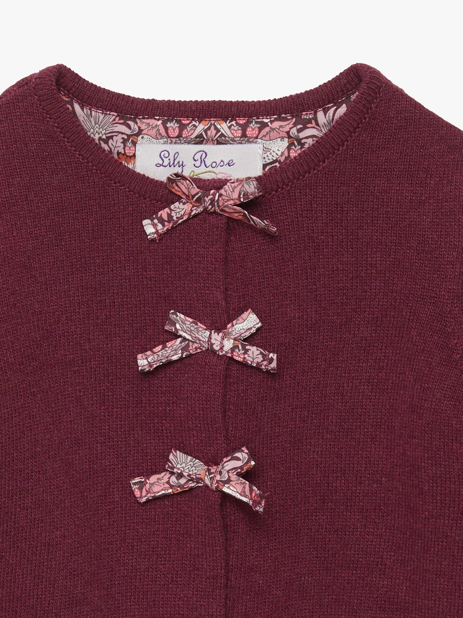Product image 3 of 6, which shows Trotters Baby Strawberry Thief Bow Cardigan, Plumstrawberry, 3-6 months