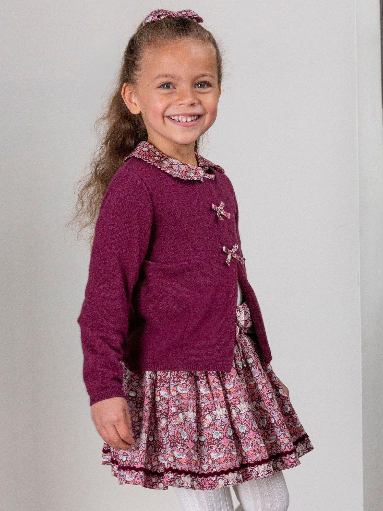 Product image 5 of 6, which shows Trotters Baby Strawberry Thief Bow Cardigan, Plumstrawberry, 3-6 months