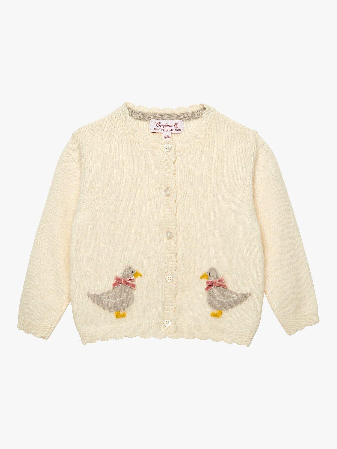 Product image 1 of 4, which shows Trotters Baby Duckling Cardigan, Winter White/Taupe, 3-6 months