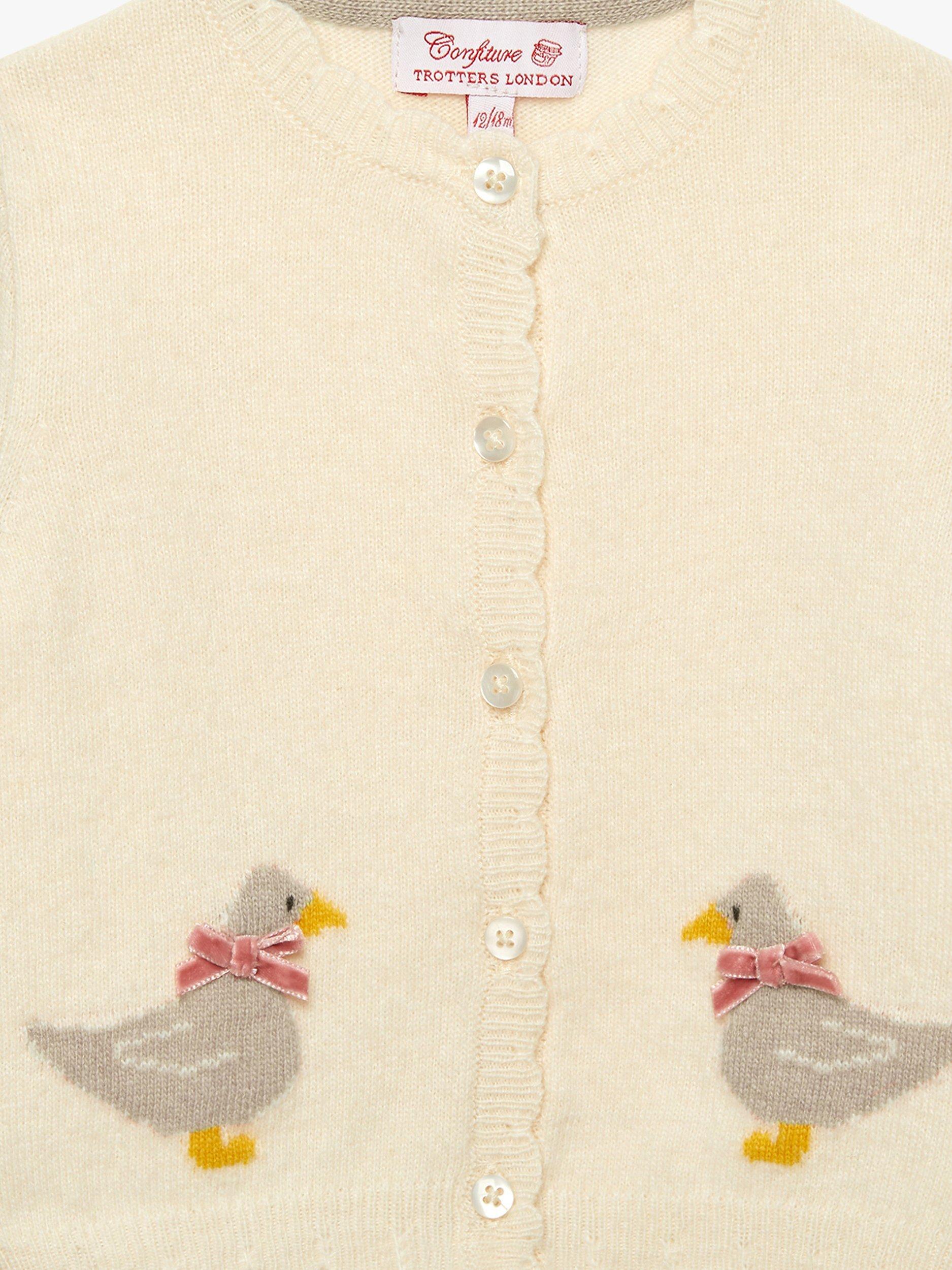 Product image 3 of 4, which shows Trotters Baby Duckling Cardigan, Winter White/Taupe, 3-6 months