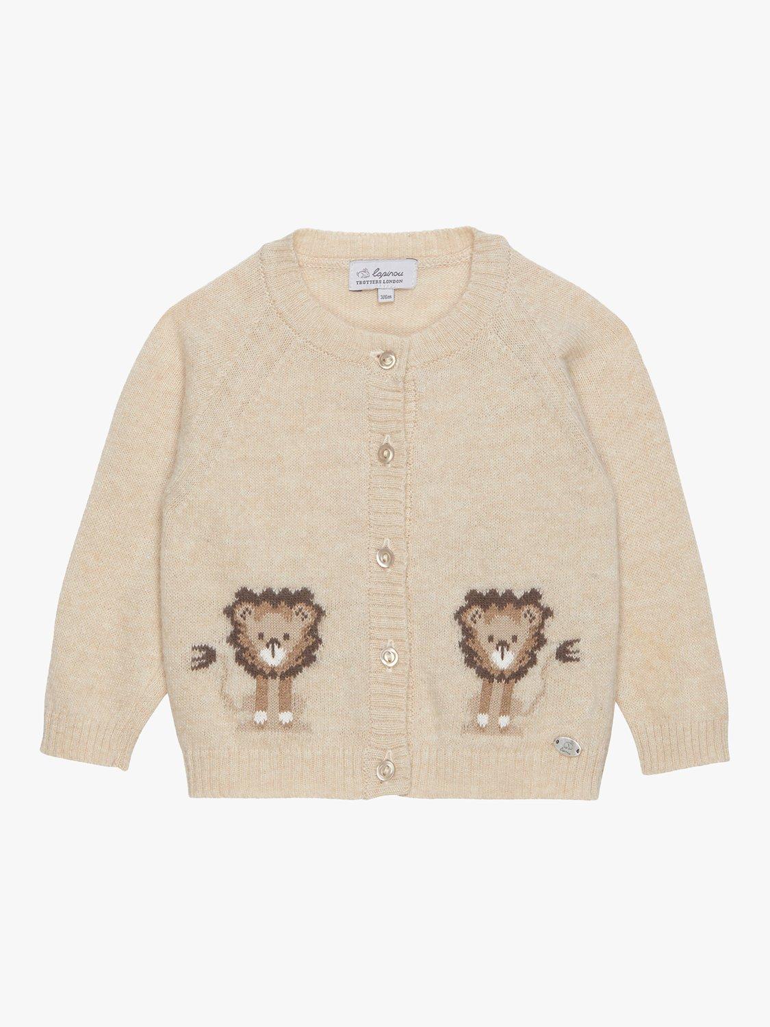 Product image 1 of 3, which shows Trotters Baby Augustus Lion Wool Blend Cardigan, Oatmeal, Newborn