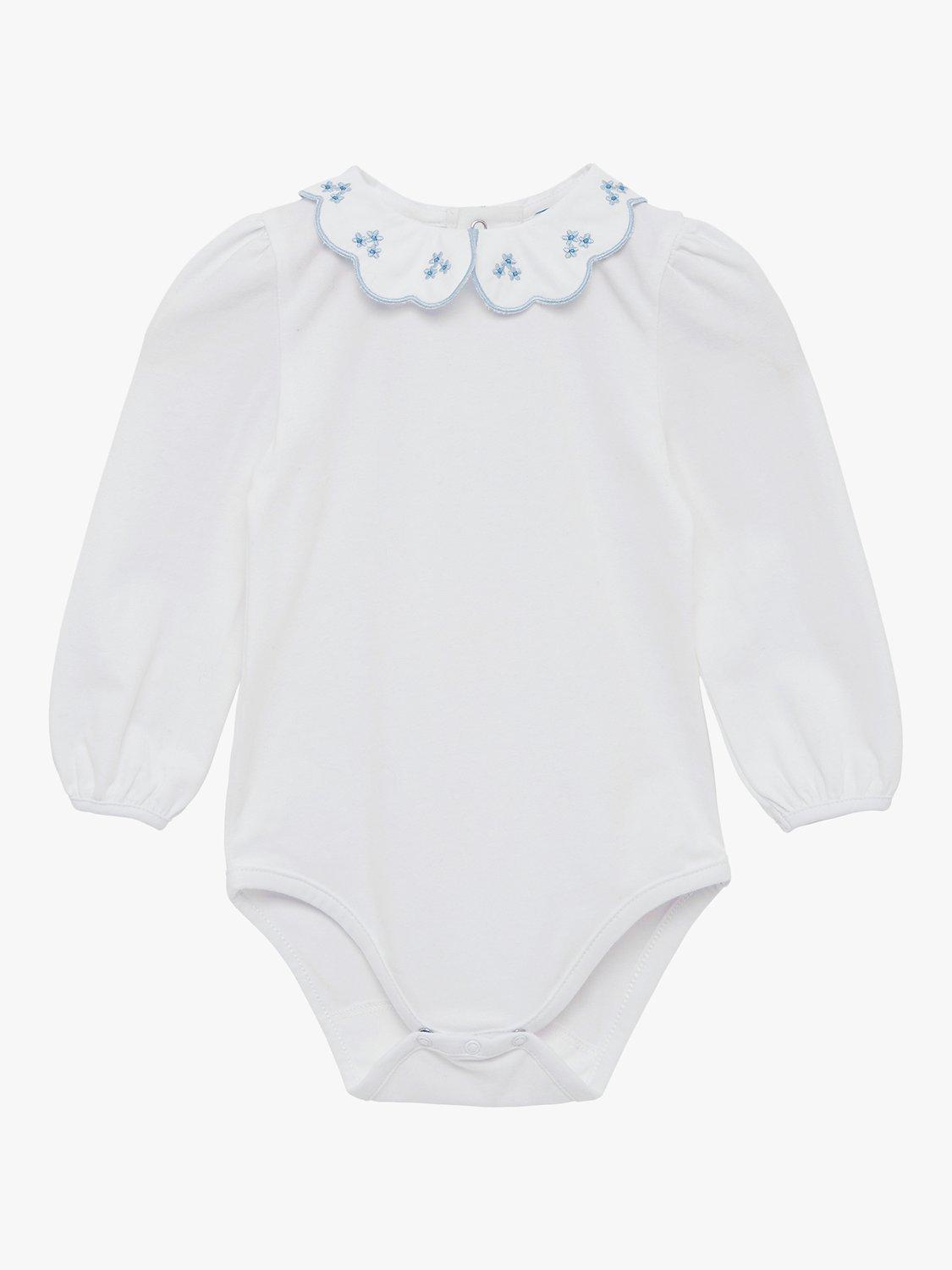 Product image 1 of 3, which shows Trotters Baby Scallop Collar Bodysuit, White/Blue, 3-6 months