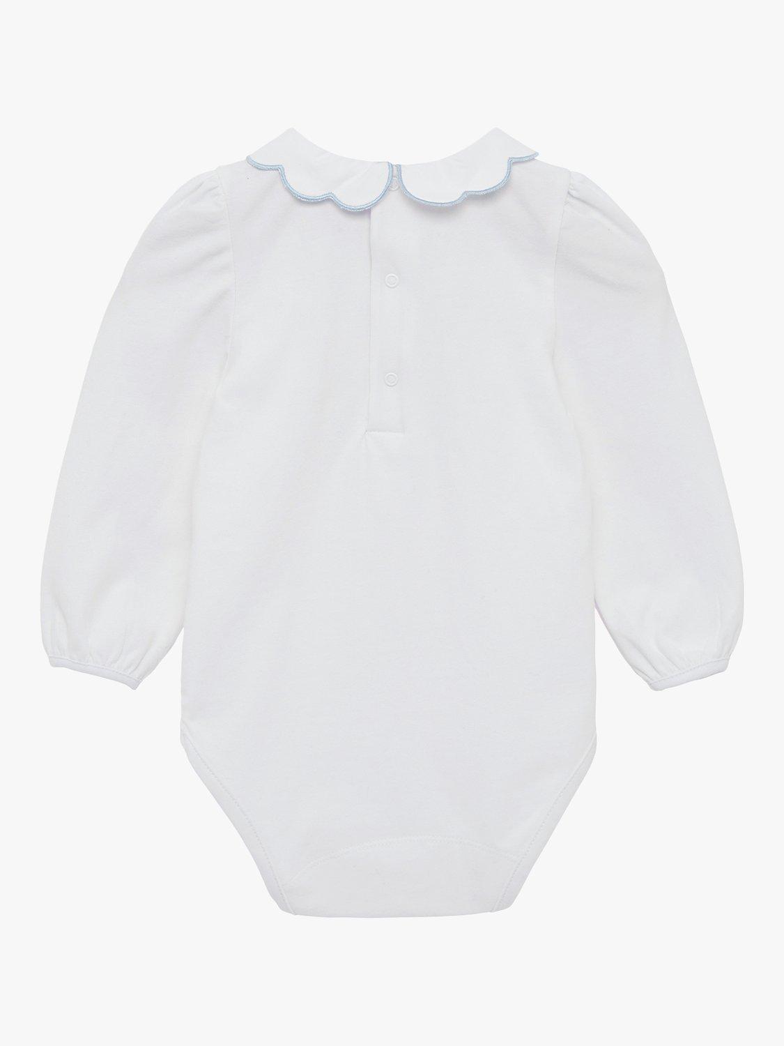 Product image 2 of 3, which shows Trotters Baby Scallop Collar Bodysuit, White/Blue, 3-6 months