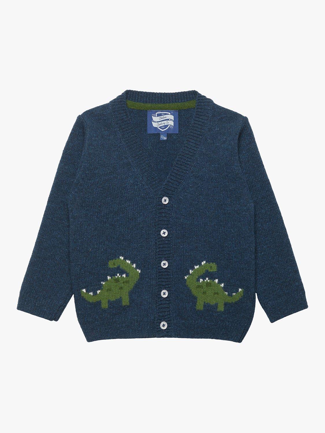 Product image 1 of 4, which shows Trotters Baby Dippy Dinosaur Cardigan, Navy Marl, 3-6 months