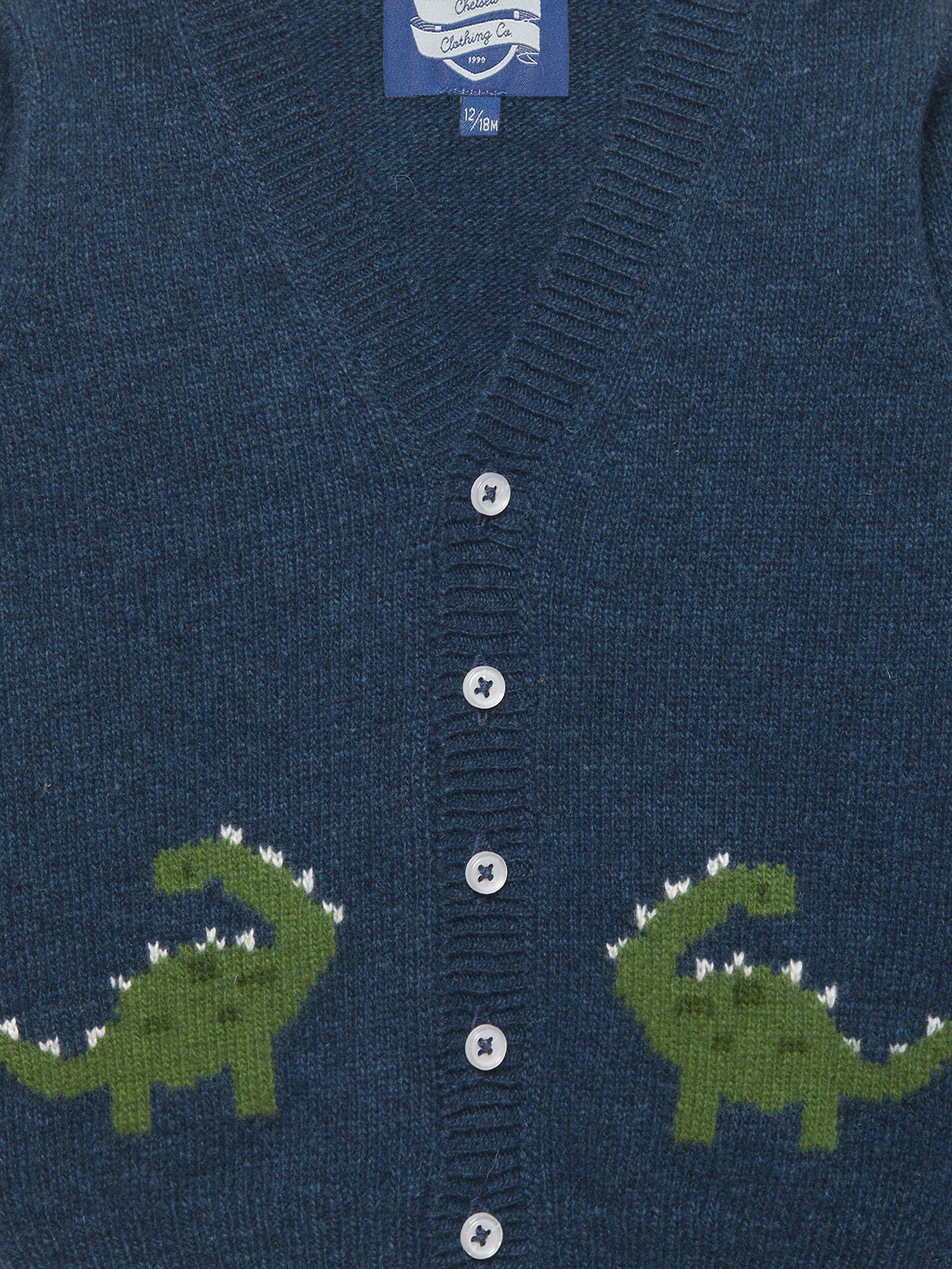 Product image 3 of 4, which shows Trotters Baby Dippy Dinosaur Cardigan, Navy Marl, 3-6 months