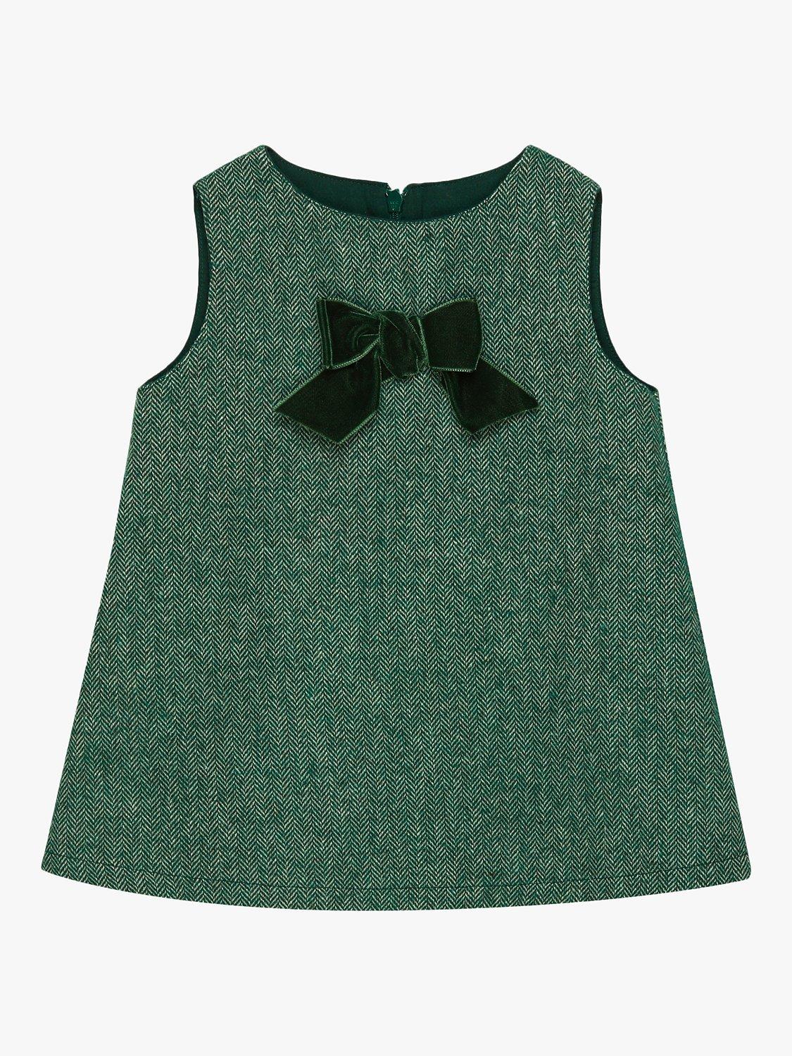 Product image 1 of 3, which shows Trotters Baby Georgina Bow Dress, Green Herringbone, 3-6 months