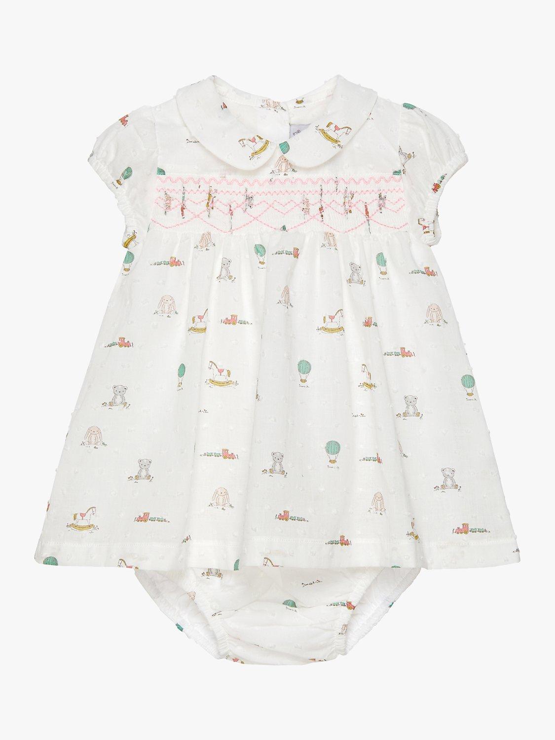 Product image 1 of 5, which shows Trotters Baby Bunny and Friends Smocked Dress, White/Multi, Newborn