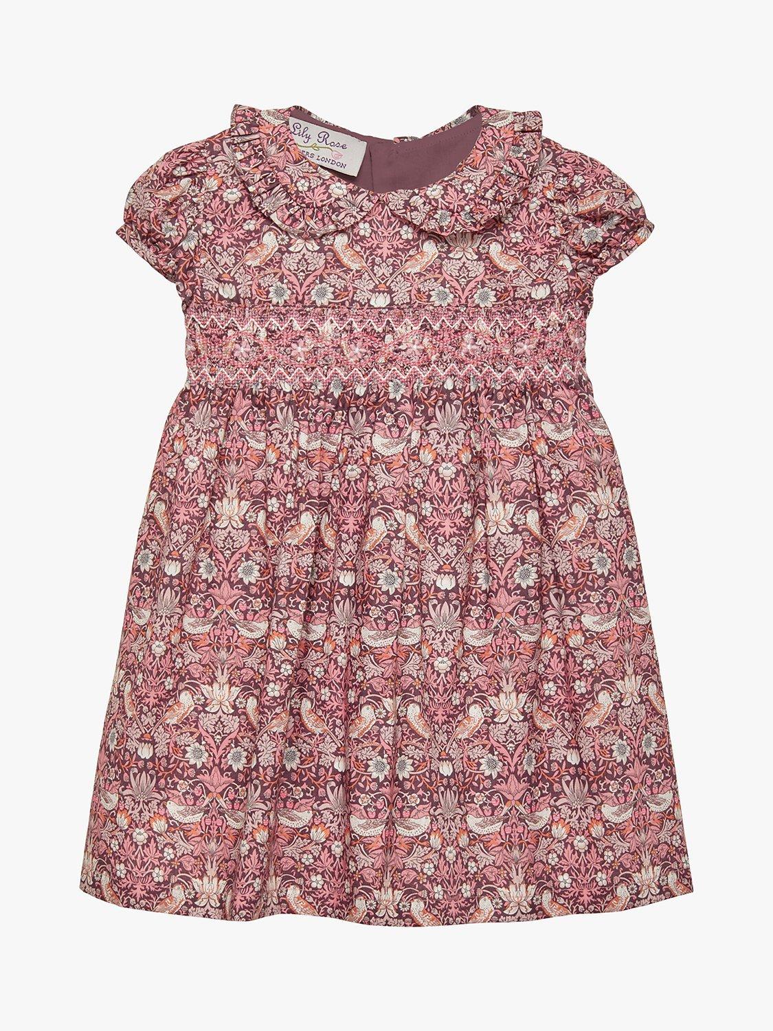 Product image 1 of 6, which shows Trotters Baby Cotton Strawberry Thief Smocked Dress, Multi, 3-6 months