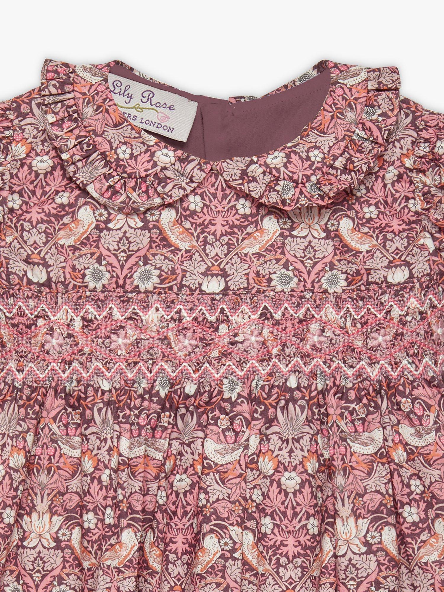 Product image 3 of 6, which shows Trotters Baby Cotton Strawberry Thief Smocked Dress, Multi, 3-6 months