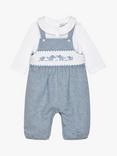 Trotters Baby Elephant Embroidered Dungarees, Paleblue Herringbone