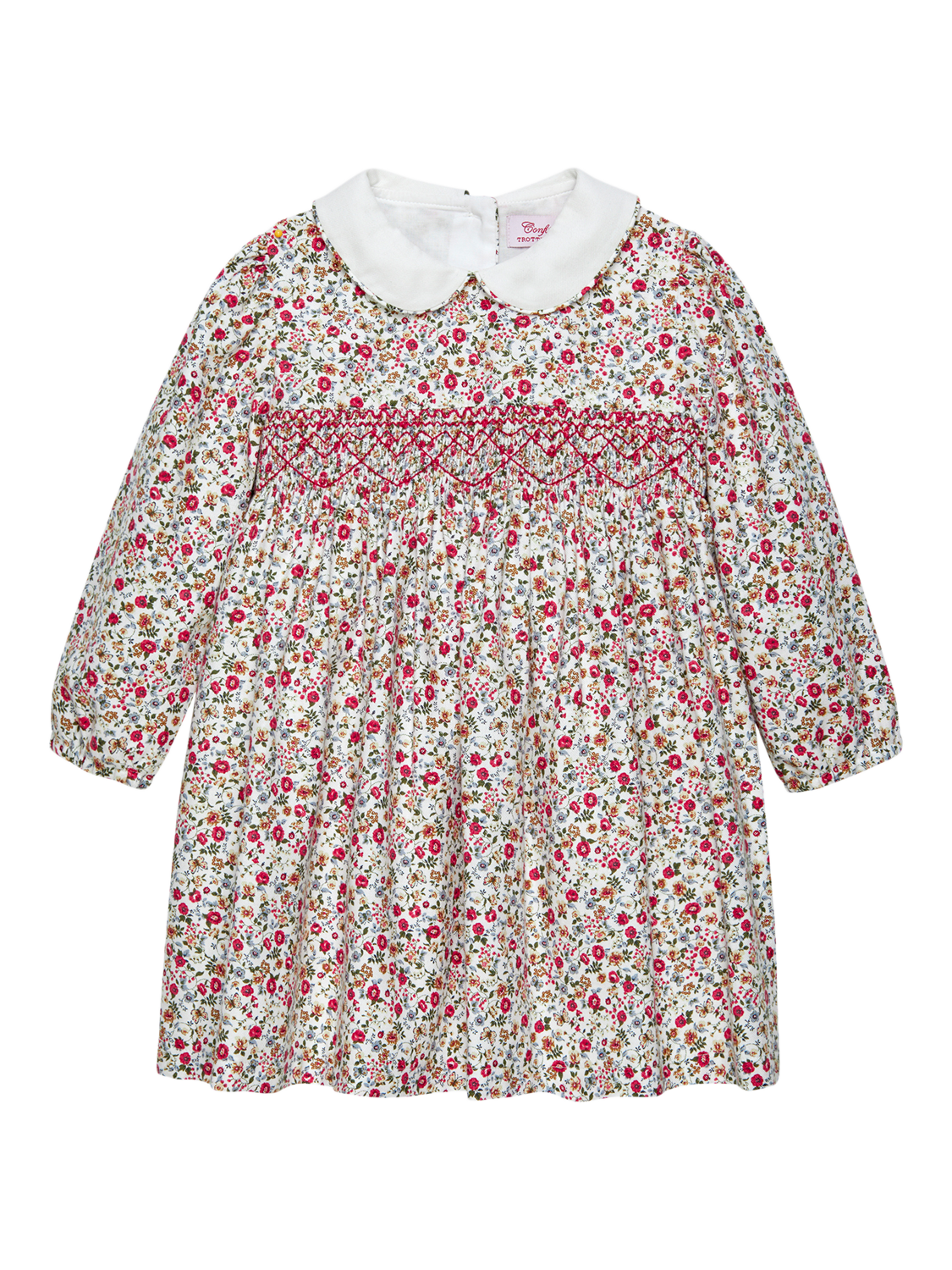 Product image 1 of 3, which shows Trotters Baby Arabella Cotton Floral Smock Dress, Red/Multi, 3-6 months
