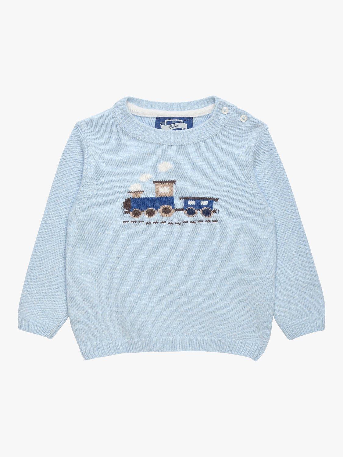 Product image 1 of 4, which shows Trotters Baby Thomas Train Jumper, Icy Blue, 3-6 months