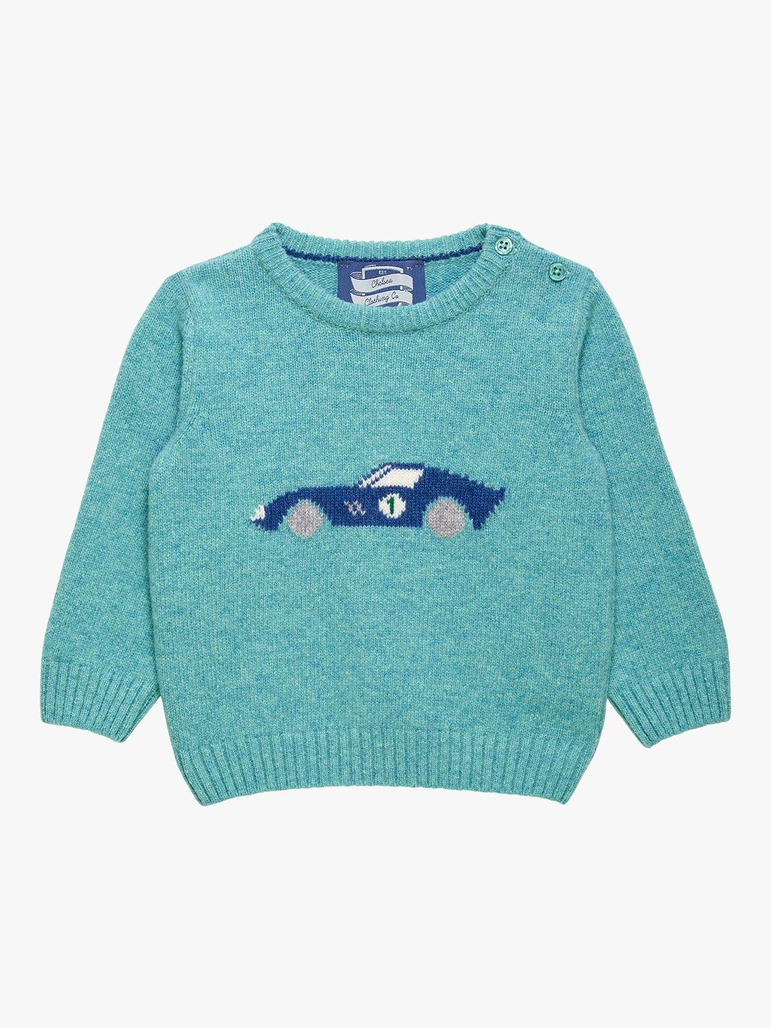 Product image 1 of 3, which shows Trotters Baby Sebastian Car Wool Blend Jumper, Sea Green, 3-6 months