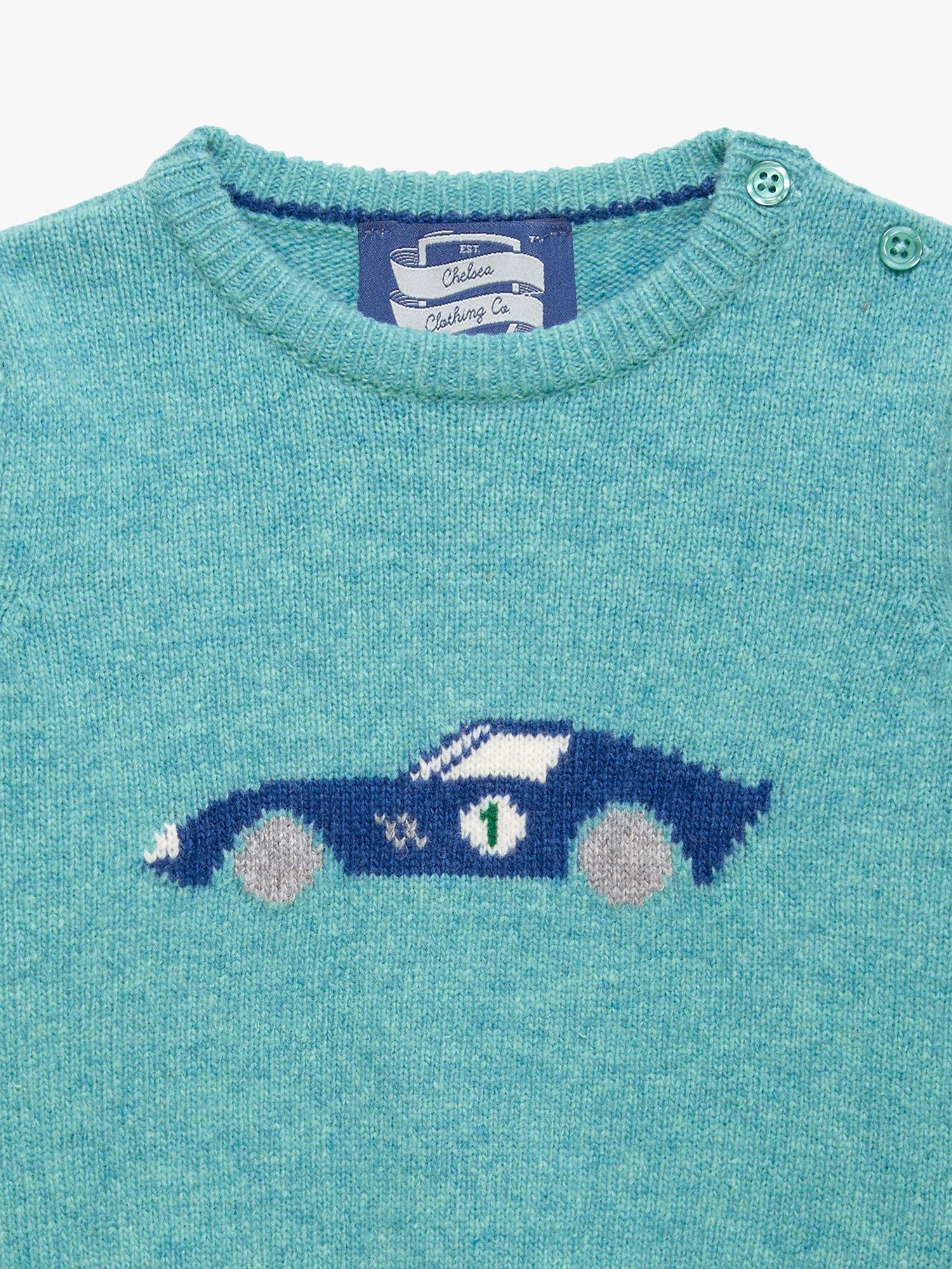 Product image 3 of 3, which shows Trotters Baby Sebastian Car Wool Blend Jumper, Sea Green, 3-6 months