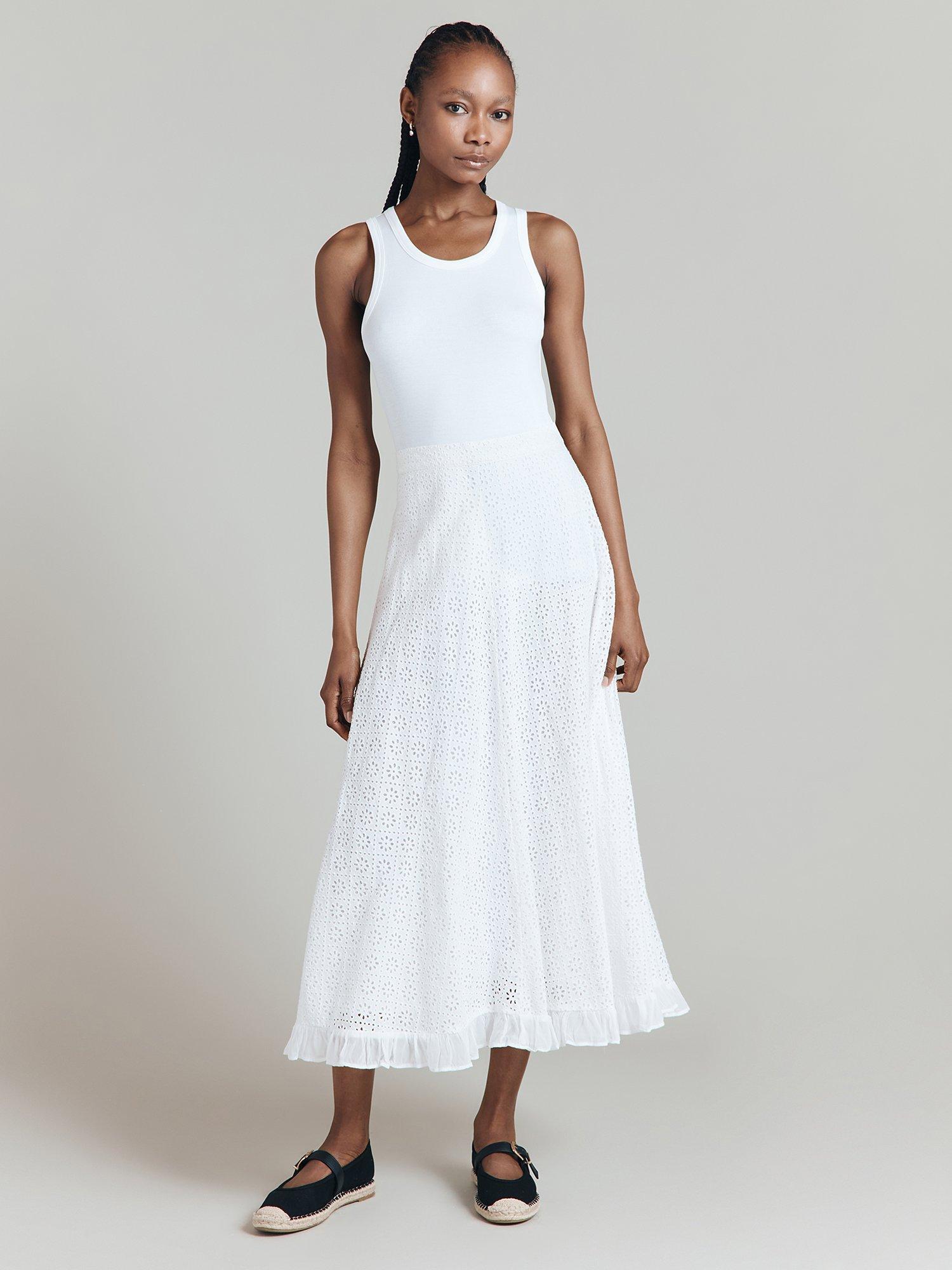 Product image 2 of 4, which shows Ghost Mia Broderie Cotton Midi Skirt, White, L