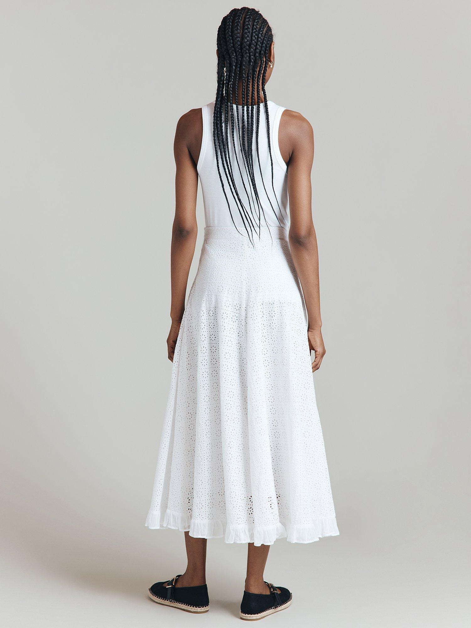 Product image 4 of 4, which shows Ghost Mia Broderie Cotton Midi Skirt, White, L