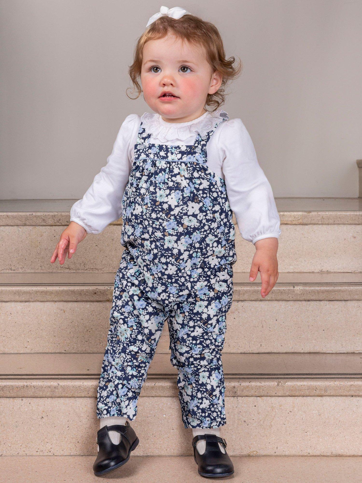 Product image 4 of 4, which shows Trotters Kids' Annie Floral Print Cord Dungarees, Navy/Multi, 3-6 months