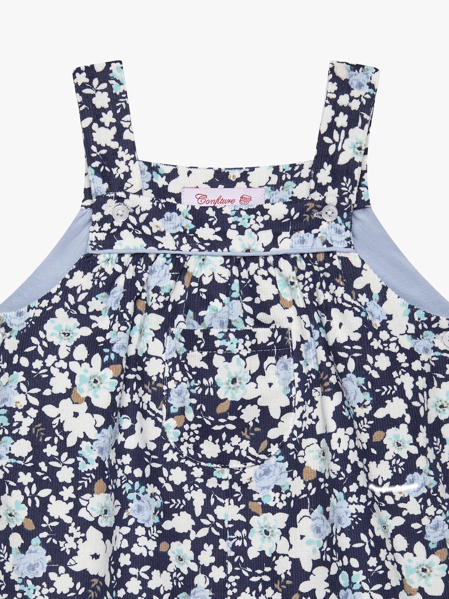 Product image 3 of 4, which shows Trotters Kids' Annie Floral Print Cord Dungarees, Navy/Multi, 3-6 months