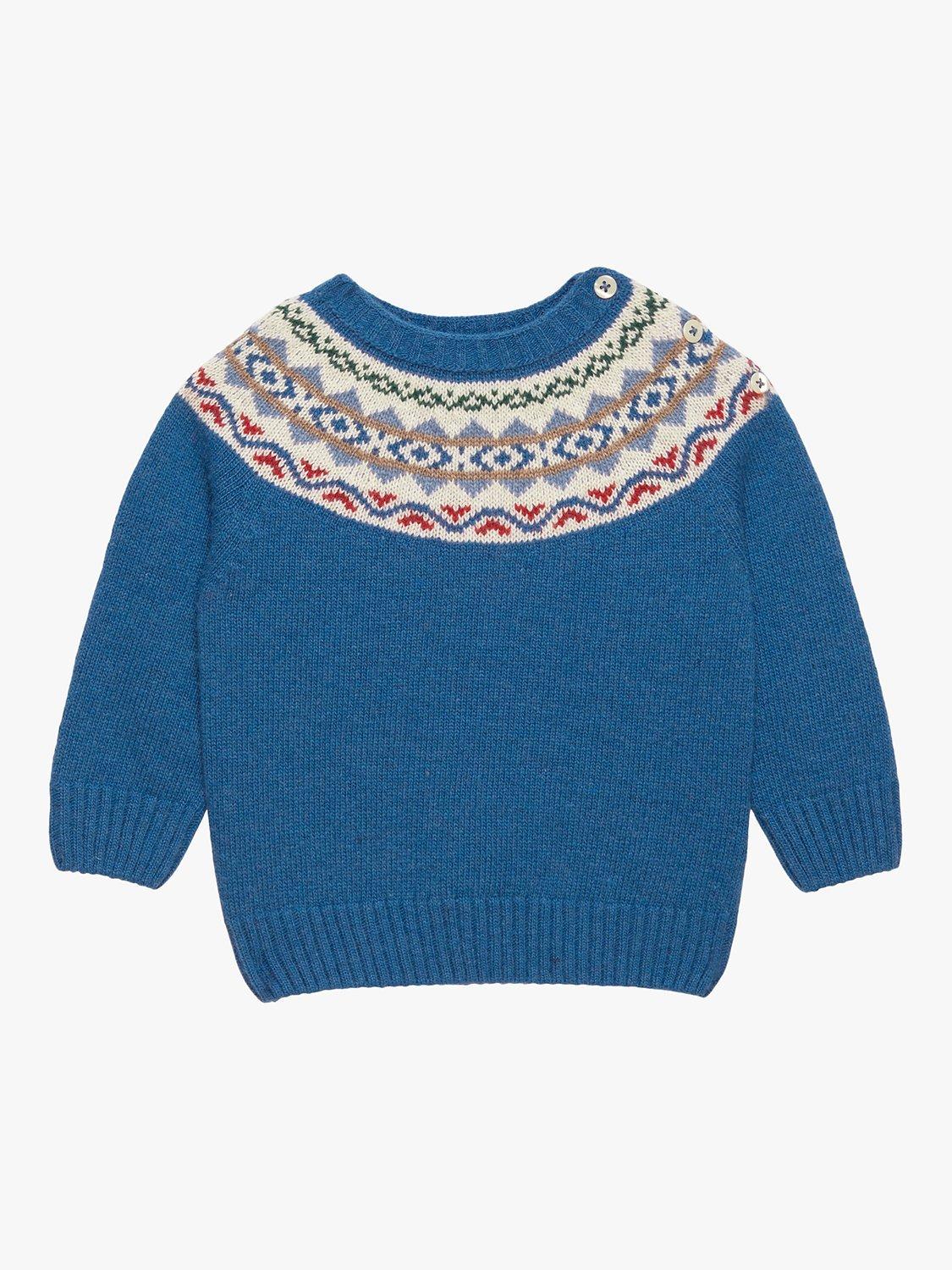 Product image 1 of 4, which shows Trotters Baby Frankie Fair Isle Intarsia Jumper, Denim Blue Marl, 3-6 months