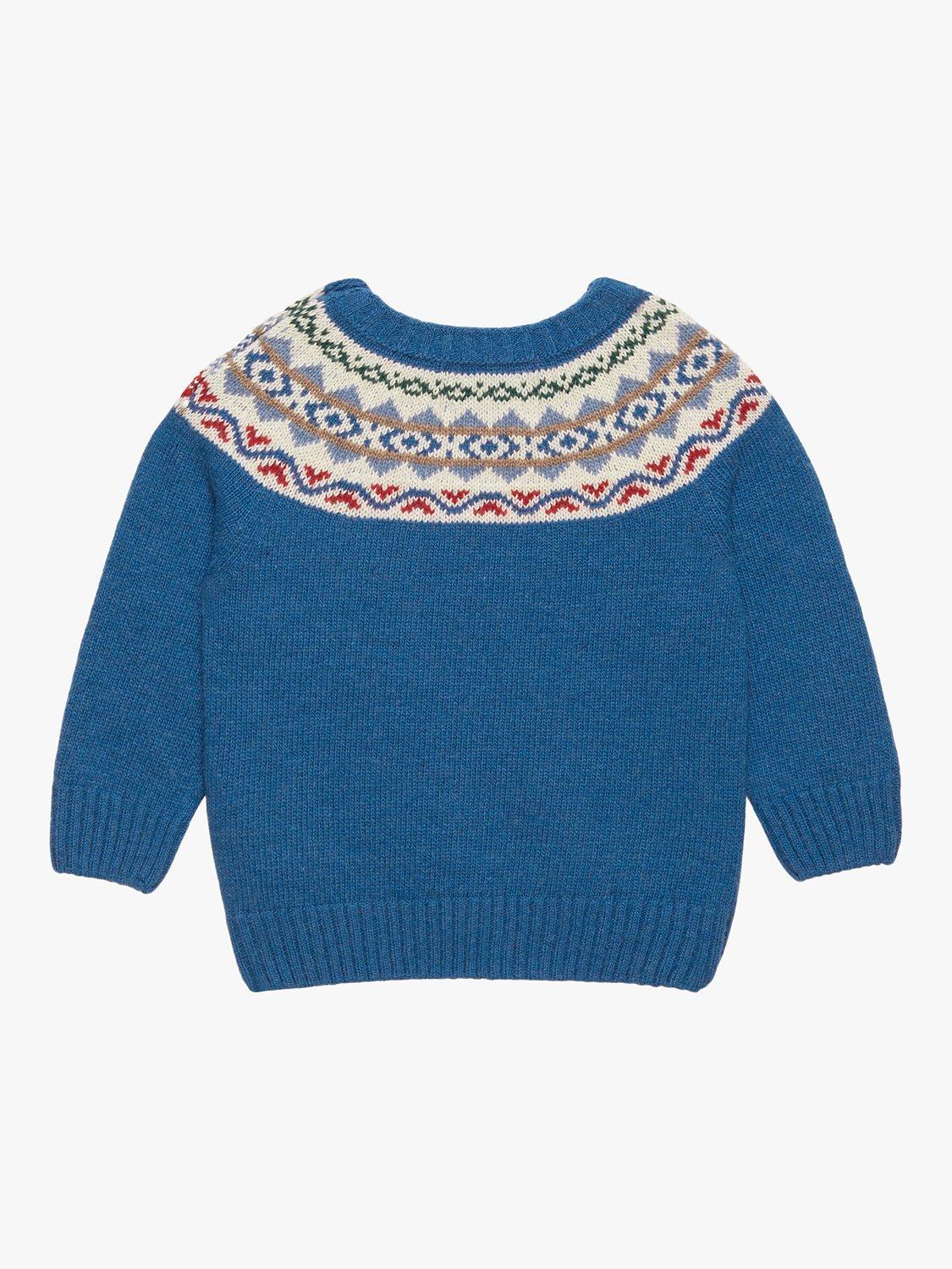 Product image 2 of 4, which shows Trotters Baby Frankie Fair Isle Intarsia Jumper, Denim Blue Marl, 3-6 months