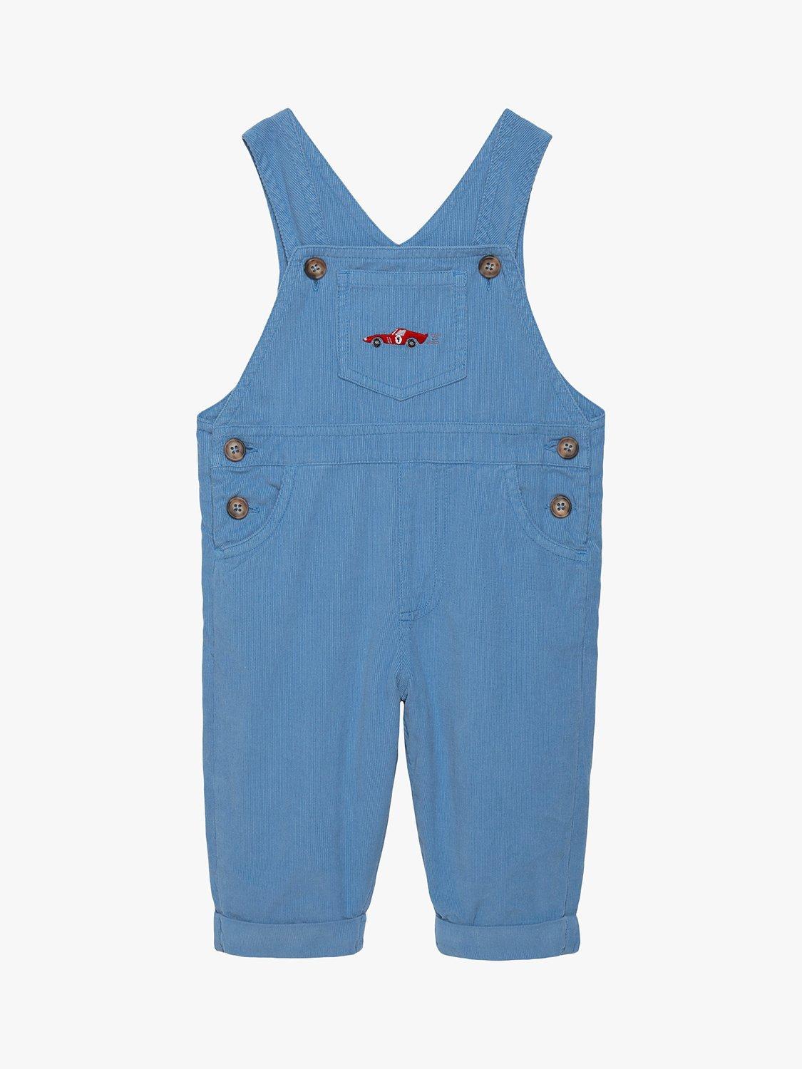 Product image 1 of 4, which shows Trotters Kids' Sebastian Car Cotton Dungarees, French Blue, 1-3 months