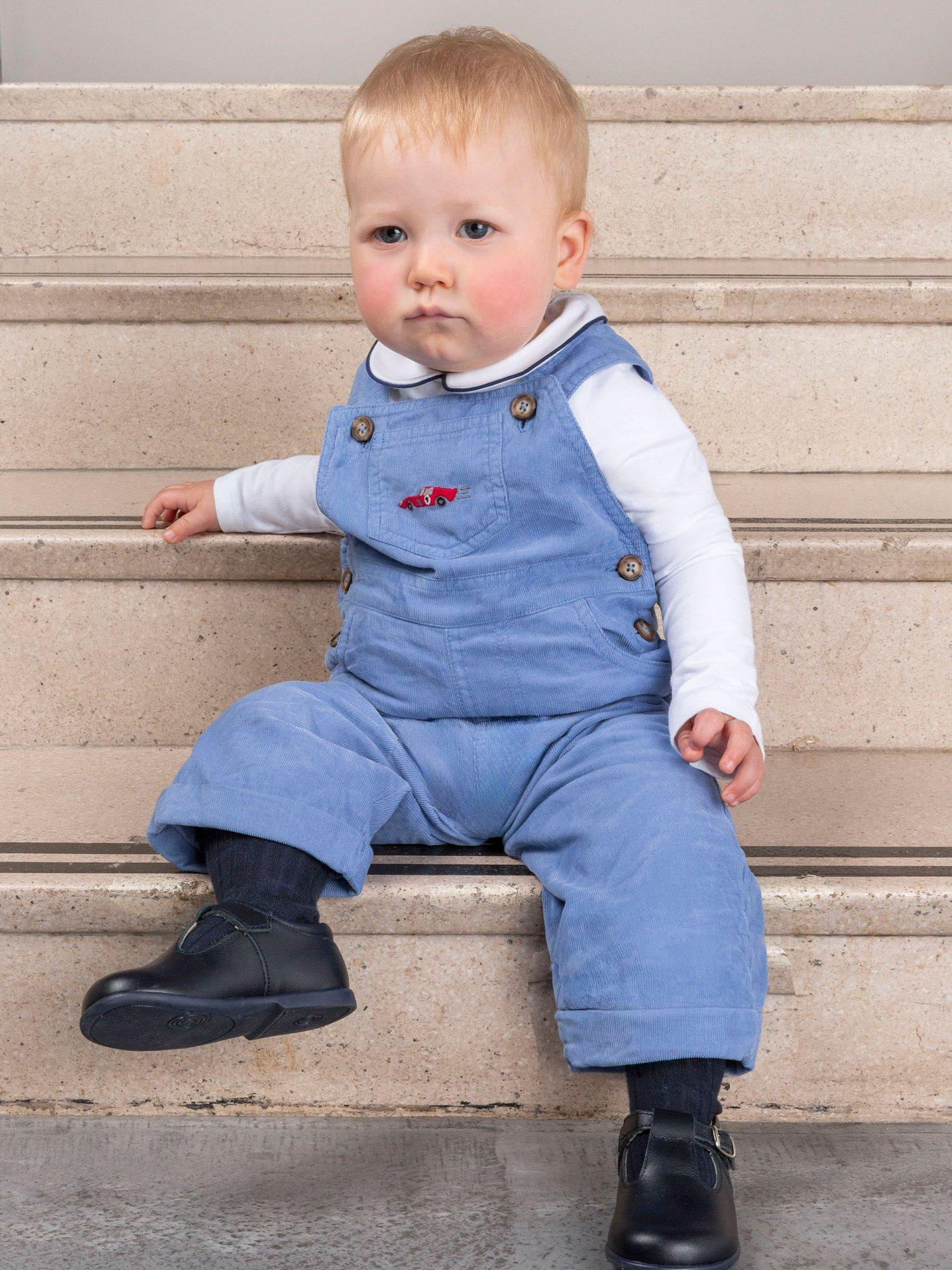 Product image 4 of 4, which shows Trotters Kids' Sebastian Car Cotton Dungarees, French Blue, 1-3 months