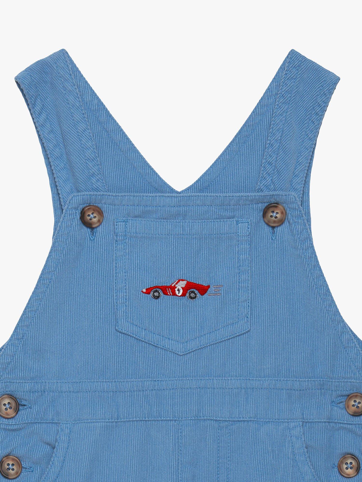 Product image 3 of 4, which shows Trotters Kids' Sebastian Car Cotton Dungarees, French Blue, 1-3 months