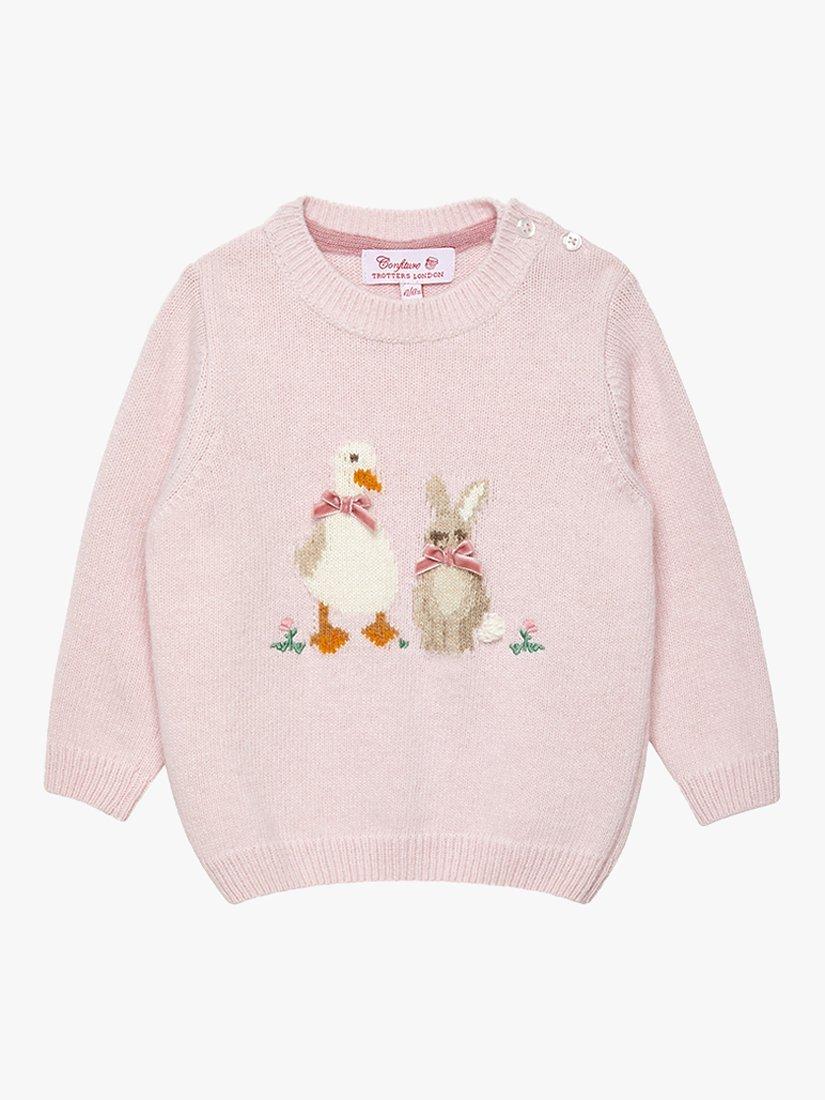 Product image 1 of 4, which shows Trotters Baby Duck & Bunny Cashmere Blend Jumper, Pale Pink, 3-6 months