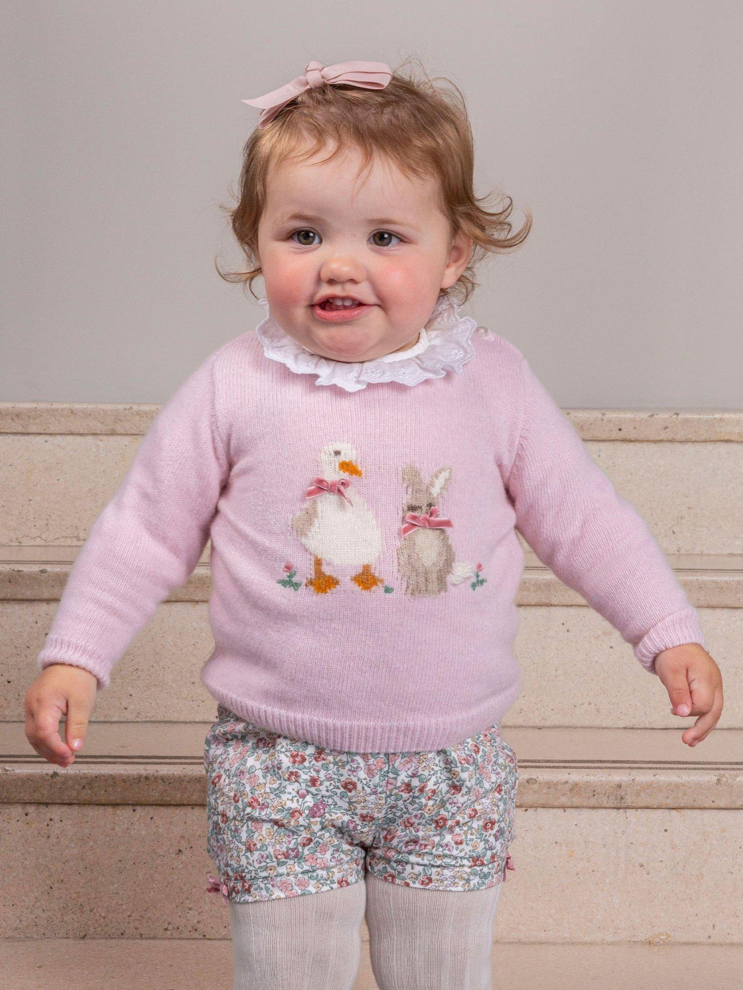 Product image 4 of 4, which shows Trotters Baby Duck & Bunny Cashmere Blend Jumper, Pale Pink, 3-6 months