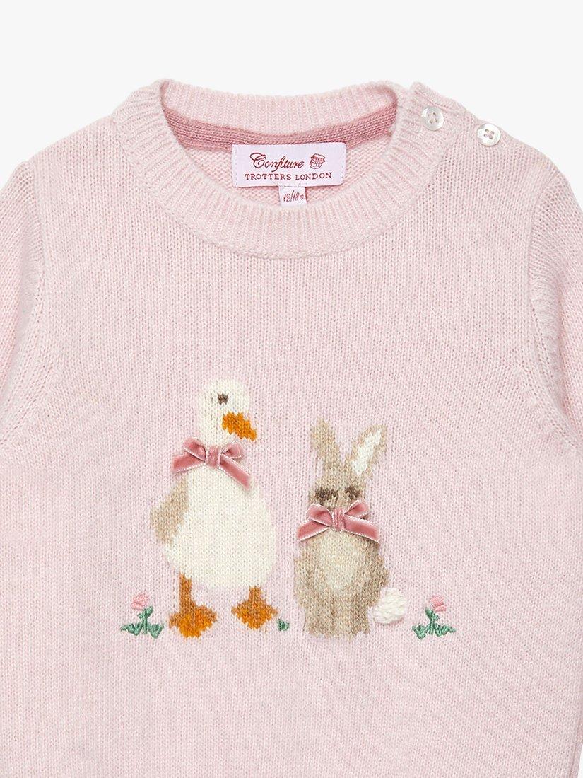 Product image 3 of 4, which shows Trotters Baby Duck & Bunny Cashmere Blend Jumper, Pale Pink, 3-6 months