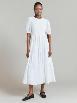 Ghost Celeste Embroidered Tiered Cotton Midi Dress, White, White