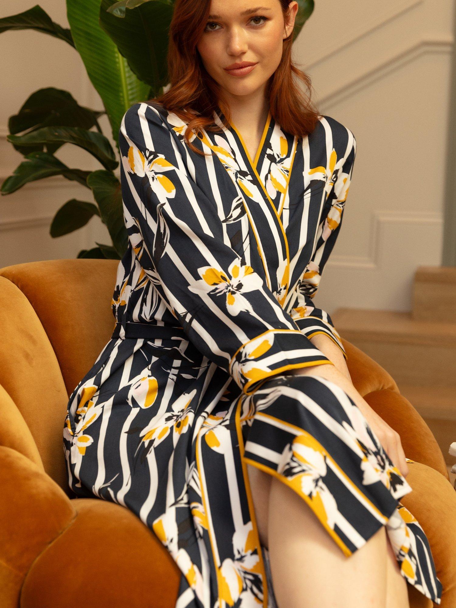 Fable Eve Knightsbridge Floral Stripe Dressing Gown Navy Multi