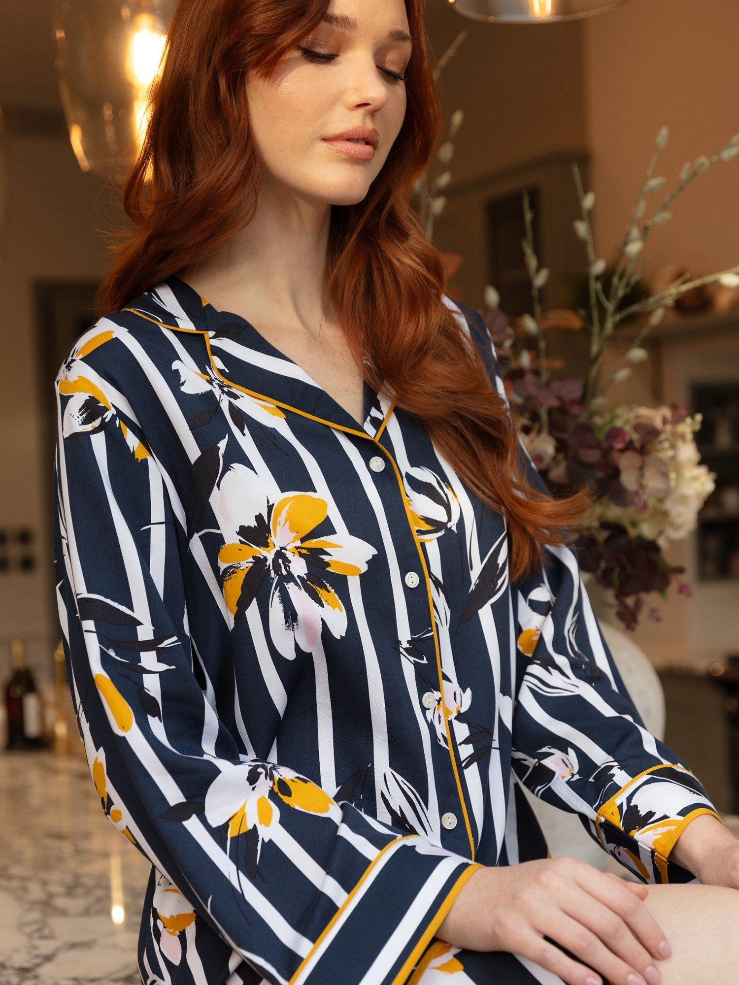 Product image 1 of 4, which shows Fable & Eve Knightsbridge Floral Stripe Nightshirt, Navy/Multi, 8