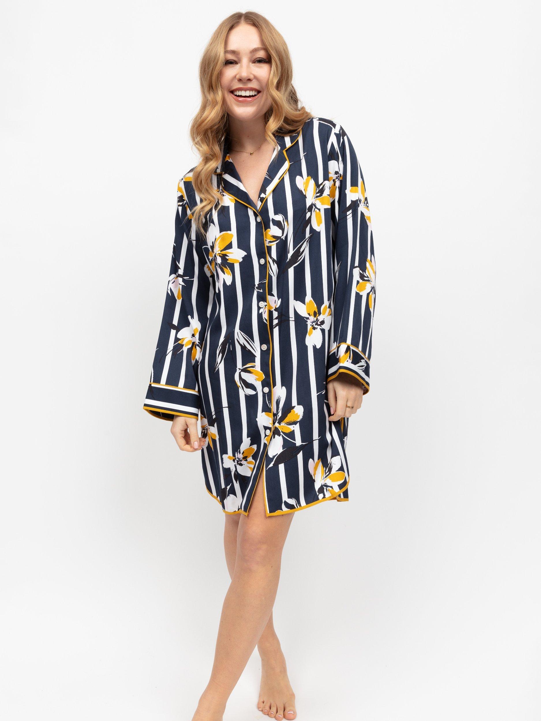 Product image 2 of 4, which shows Fable & Eve Knightsbridge Floral Stripe Nightshirt, Navy/Multi, 8