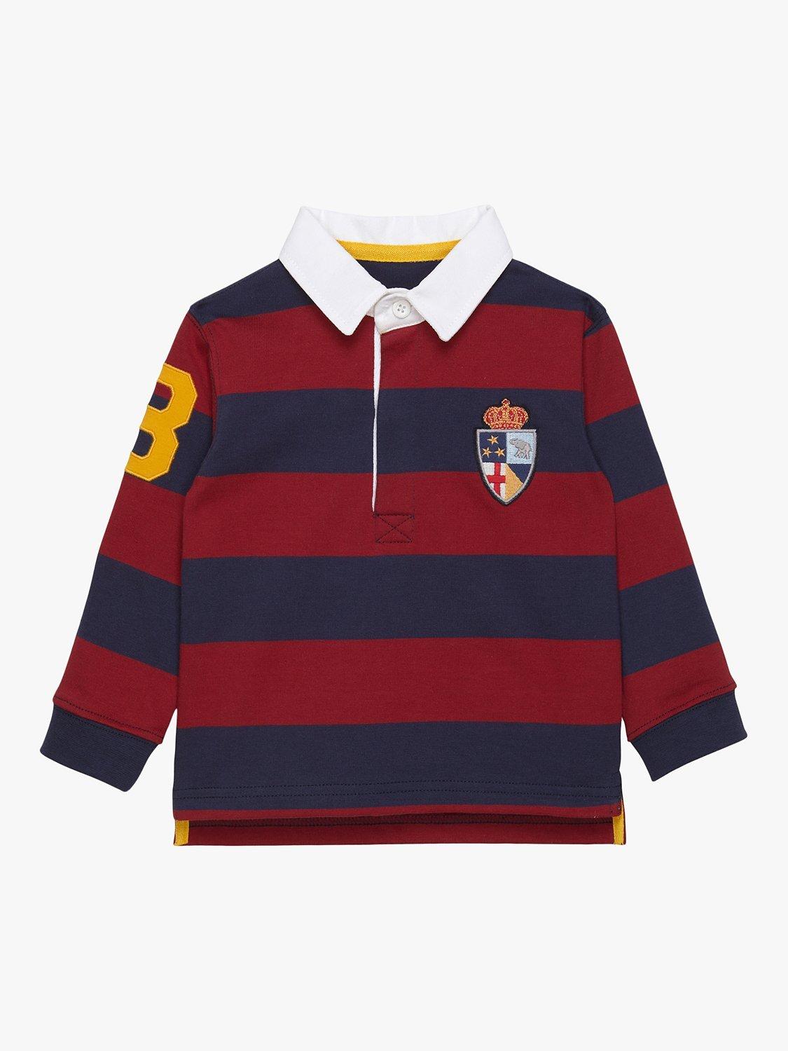 Product image 1 of 4, which shows Trotters Baby Cotton Stripe Rugby Shirt, Navy/Red, 3-6 months