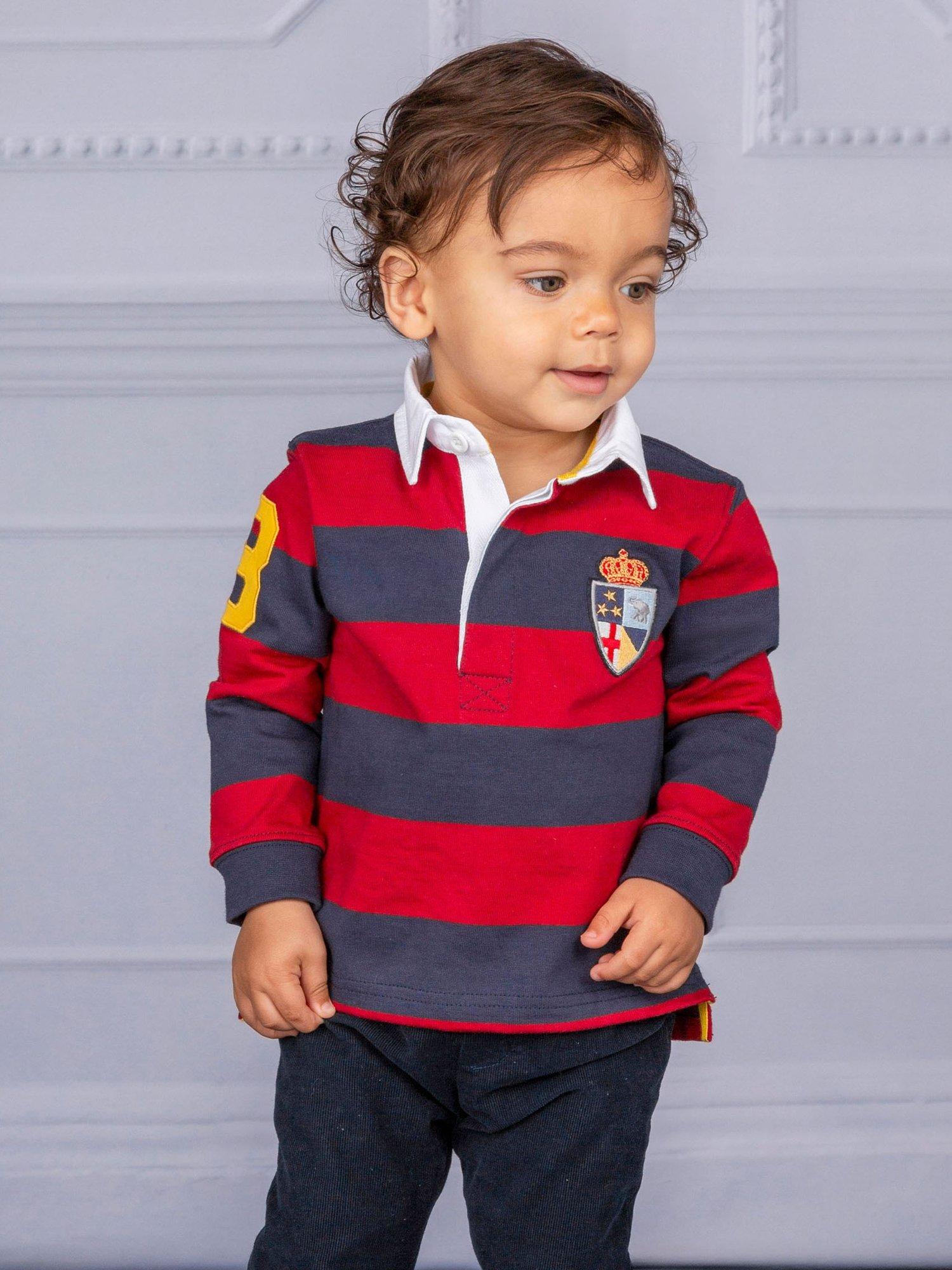 Product image 4 of 4, which shows Trotters Baby Cotton Stripe Rugby Shirt, Navy/Red, 3-6 months