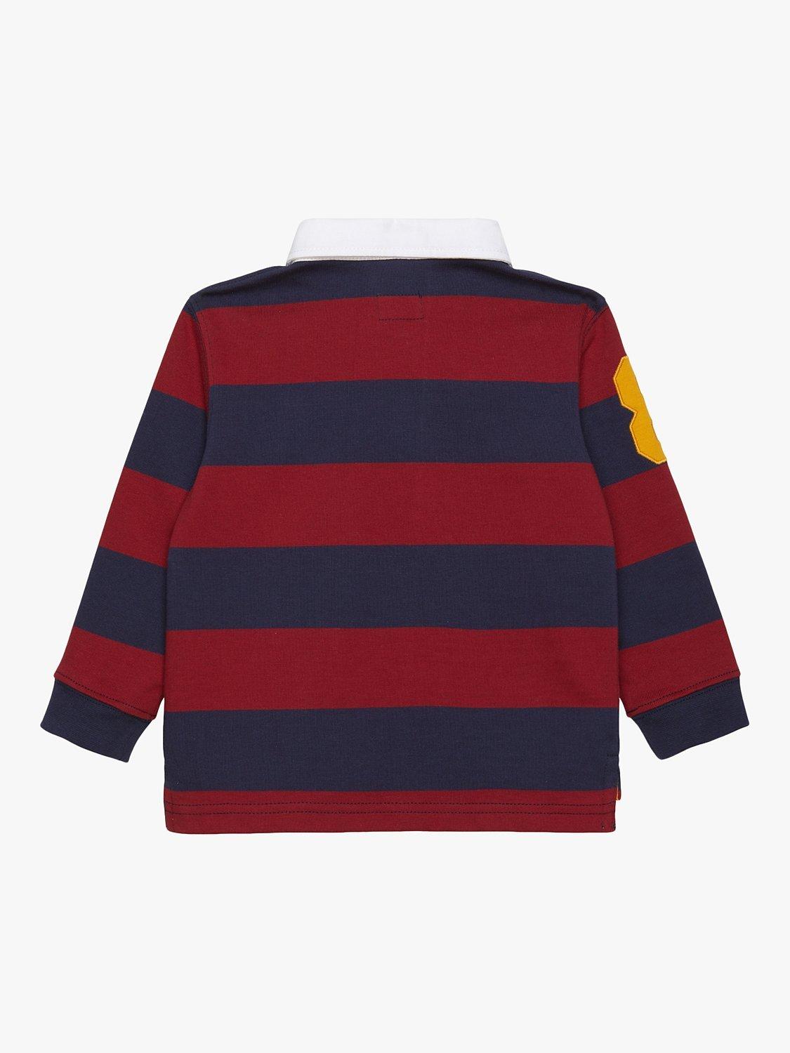 Product image 2 of 4, which shows Trotters Baby Cotton Stripe Rugby Shirt, Navy/Red, 3-6 months