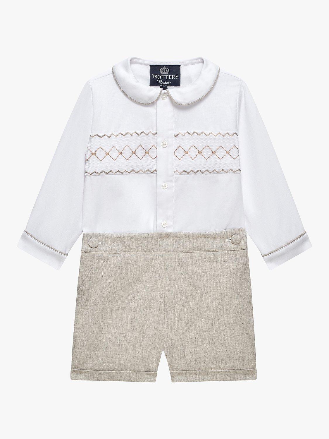 Product image 1 of 4, which shows Trotters Baby Rupert Smocked Shirt and Shorts Set, White/Oatmeal, 6-12 months