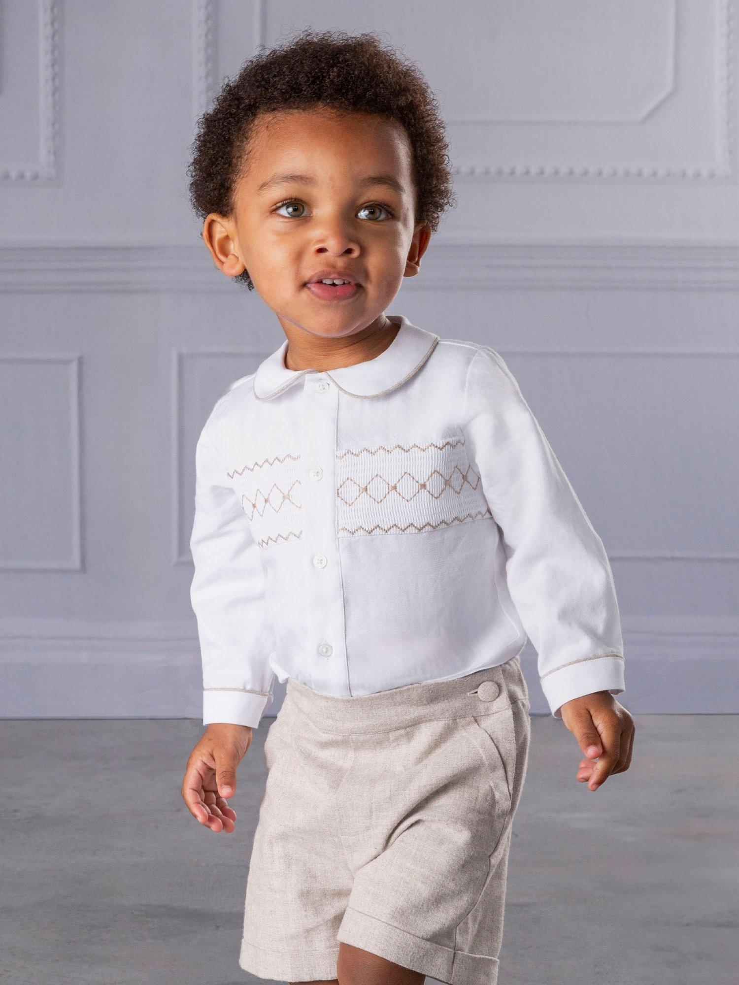 Product image 4 of 4, which shows Trotters Baby Rupert Smocked Shirt and Shorts Set, White/Oatmeal, 6-12 months