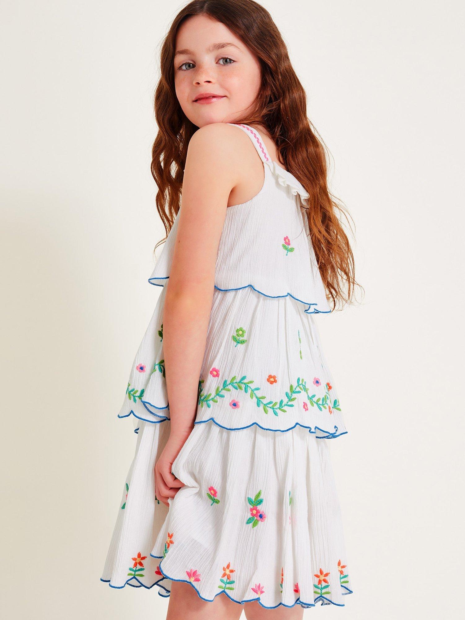 Monsoon Kids' Floral Cheesecloth Dress, White
