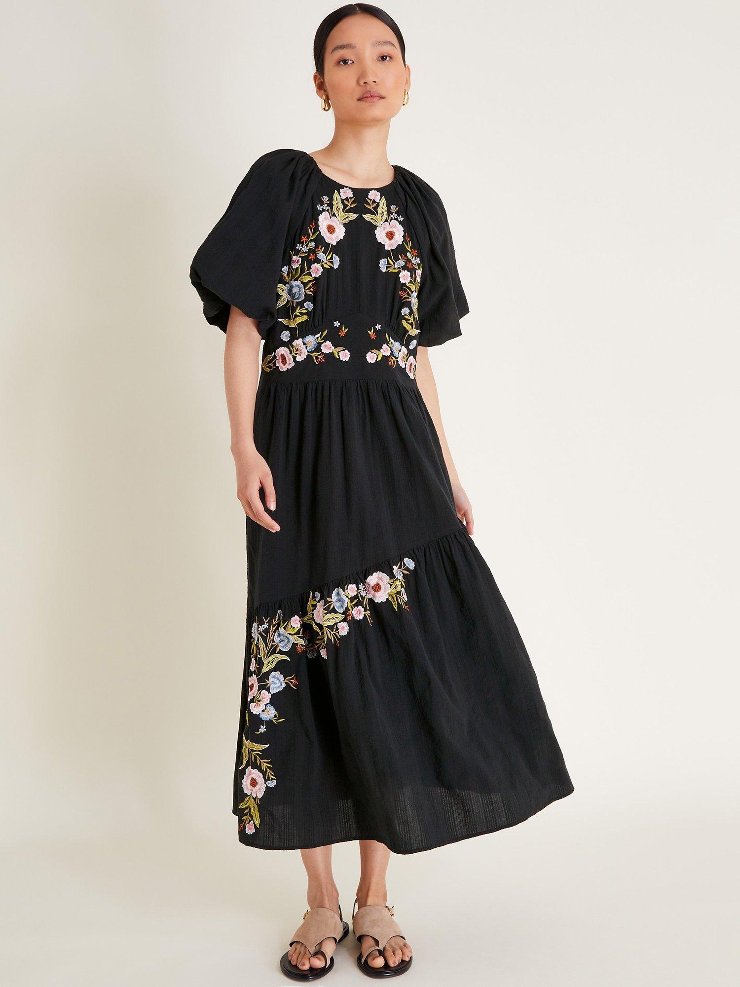 Black floral midi tea dress best sale